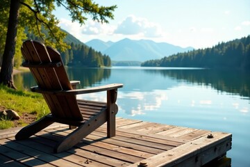 Rustic wooden chair sits on weathered dock overlooking calm Alice Lake; late afternoon sun casts long shadows , summer, sunset