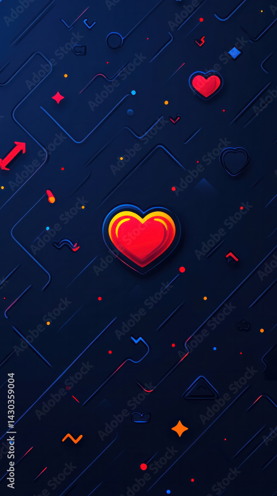 Poster a blue and red background with a heart in the middle. the heart is surrounded by a lot of different 