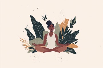 Image of a serene minimalist woman with crossed legs positioned near vibrant leaves against a beige backdrop