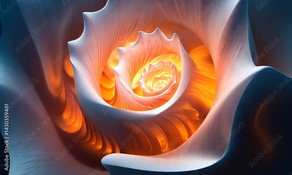 Aufkleber intricate spiraling shell-like structure glowing with warm light, set against a soft blue backdrop