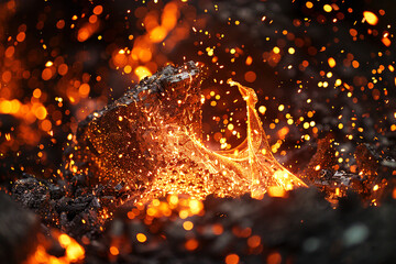 Close view of fiery embers with dancing flames, illustrating the dynamic energy and searing heat.