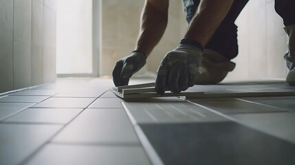 Obraz premium Tile Installer Laying Ceramic Tiles on Floor