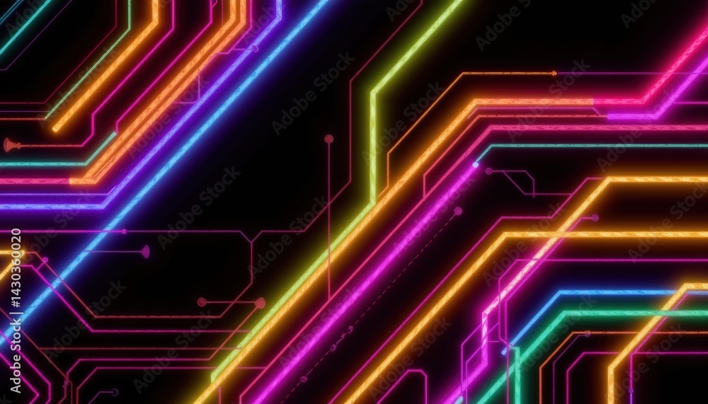 Poster neon circuit patterns on a dark background.