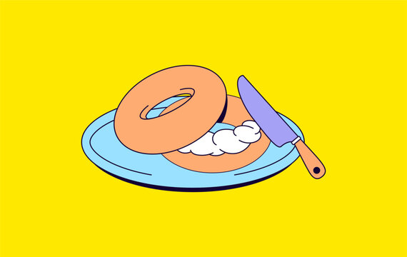 bagel with cream cheese and knife on plate clip art preview