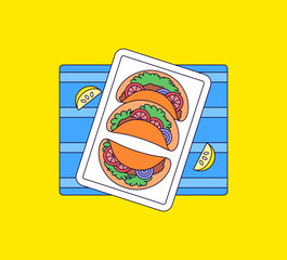 Cartoon illustration Colorful Tacos on Tray with Lemon Slices