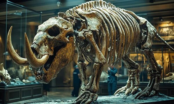 Life-sized skeleton of a prehistoric mammoth displayed in a museum with visitors observing