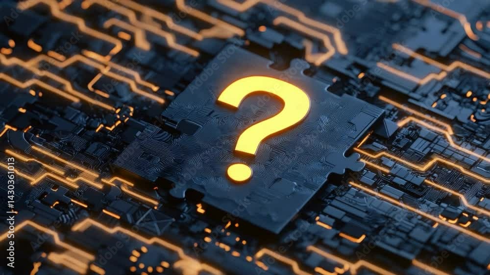 Poster high-tech background with glowing question mark on a circuit board pattern, digital concept of inqui