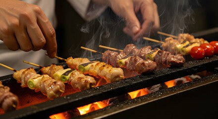 Naklejka premium elicious Yakitori Skewers Grilling Over Hot Embers