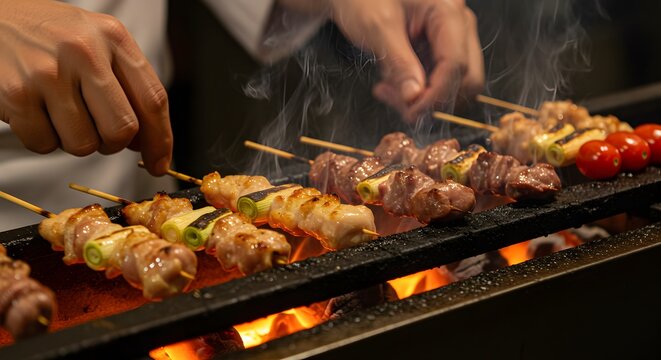 elicious Yakitori Skewers Grilling Over Hot Embers