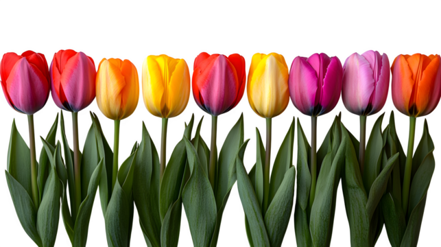 Tulips arranged in a zigzag pattern, alternating colors, isolated cleanly on white
