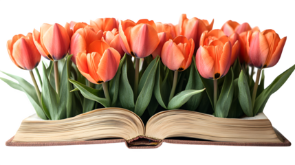 Tulips growing from book pages, poetic spring concept, isolated on white background