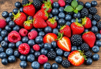A vibrant mix of blueberries, raspberries, strawberries, and blackberries scattered on rustic wood, macro, red