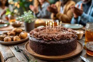 Birthday cake with candles on festive table