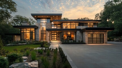 Obraz premium Luxurious Modern Home Twilight Exterior