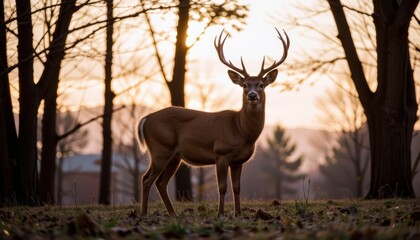 Fototapeta premium Deer standing majestically in a forest at sunset.