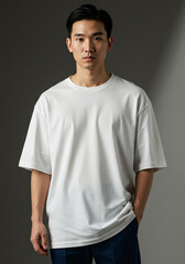 Obraz premium front view of white color oversized t-shirt heavyweight cotton wearing by asian man model perfect for clothing business and mockup