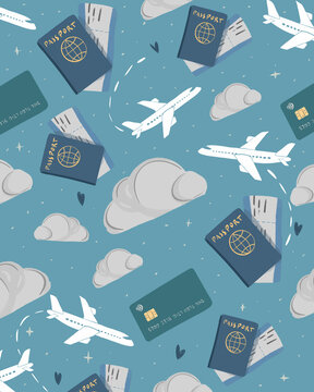 Seamless travel pattern with airplanes, passports, and clouds