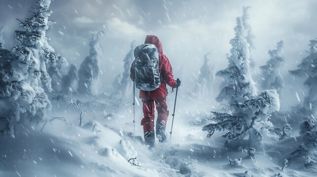 Solitary trekker braving a blizzard, navigating snow-laden terrain in winter