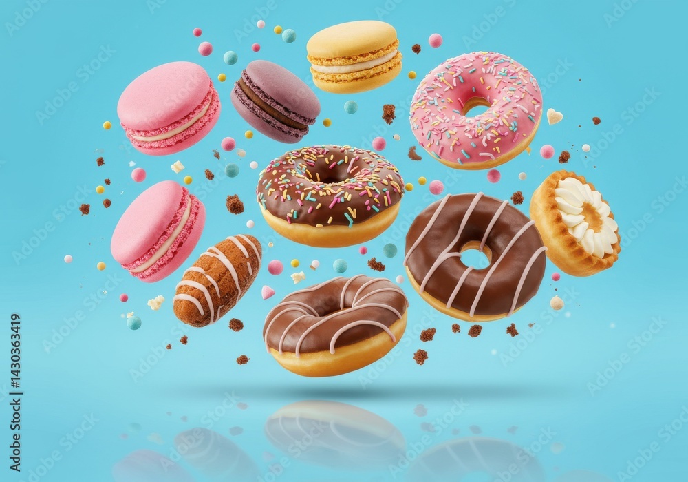 Poster assorted donuts and macarons floating on a light blue background with candy sprinkles around them