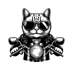 Cool cat biker riding motorcycle with fashion style wearing sunglasses and leather jacket