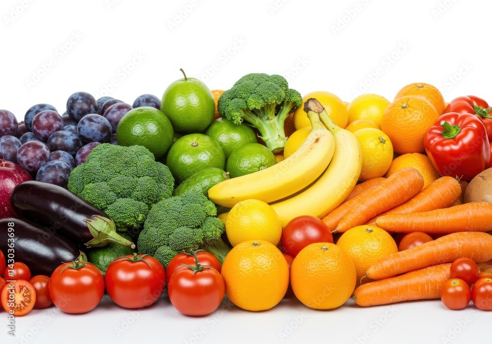 Poster assortment of colorful fruits and vegetables arranged in a vibrant and appealing display shot in stu