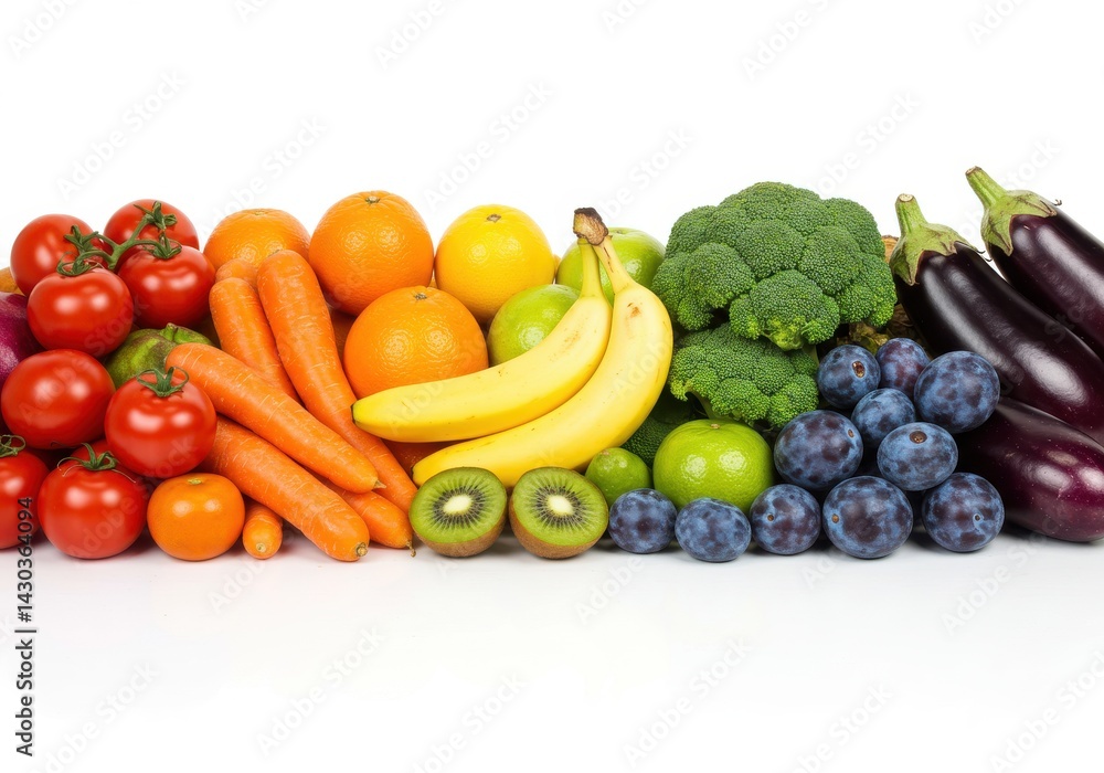 Poster arrangement of fresh fruits and vegetables displayed in a colorful row on a white background surface
