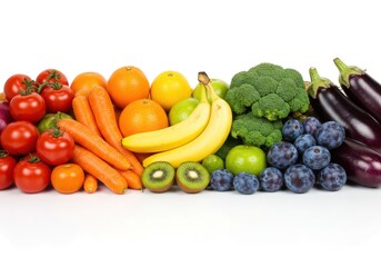 Arrangement of fresh fruits and vegetables displayed in a colorful row on a white background surface