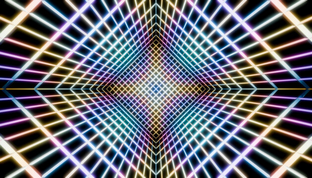 Fototapeta Abstract geometric pattern with colorful neon lights and dark background