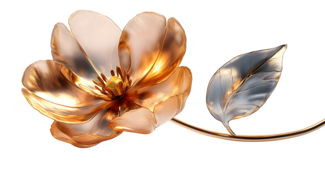 Vintage gold tulip with reflective petals and natural leaf detail, isolated on white background