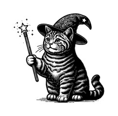 Cat wizard casting magic spell wearing robe mystical sorcerer fantasy illustration