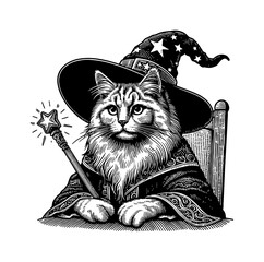 Cute cat wizard in robe casting a magic spell with mystical energy fantasy art