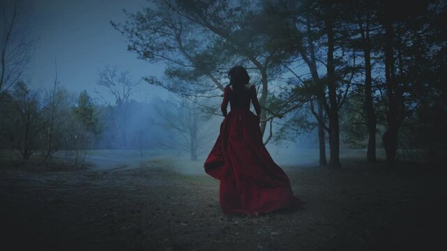 Fairy tale Gothic scared girl running away in dark foggy forest trees, velvet red long medieval old style dress train fly wind slow motion. Fantasy Woman walking. Black hair back rear view princess