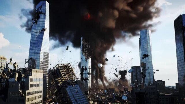 A large explosion engulfs a city skyline, sending debris soaring into the air. Smoke billows from the buildings as chaos unfolds in the urban landscape during bright daylight.