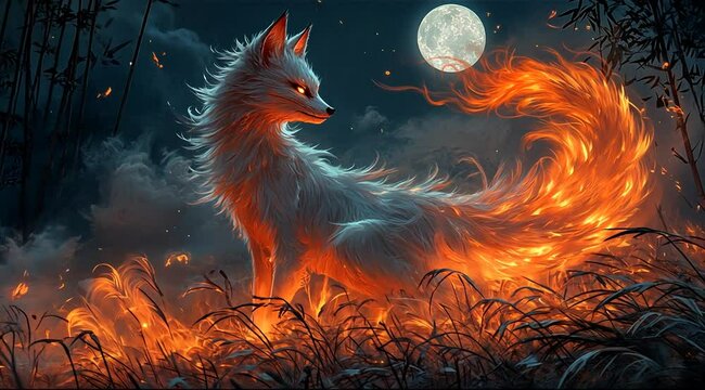 Majestic fox with fiery tail stands in a moonlit bamboo forest, surrounded by glowing embers - Powered by Adobe