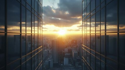 Golden rays of sunlight spill between towering glass structures as the city awakens to the beauty of dusk, creating a stunning visual contrast with the darkening sky.