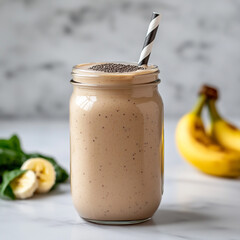 banana smoothie with chia seeds in mason jar, clean white kitchen background