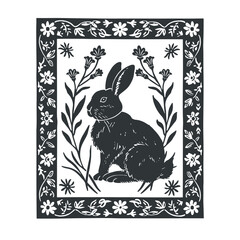 Vector linocut floral poster template with rabbit. Modern trendy minimal style. Black and white colors. Botanical blockprint. Design for wallpaper, wall decor, print, postcard, cover, template.