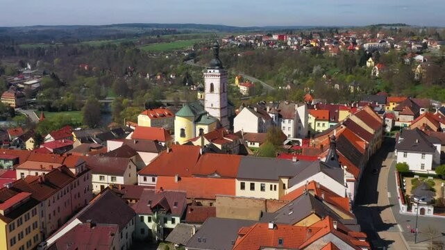 Aerial view to historic center of Stribro town. Medieval city from 12th century. It has about 8,100 inhabitants. Amazing tourist destination near Slavkovsky les. Czech Republic, Central Europe.