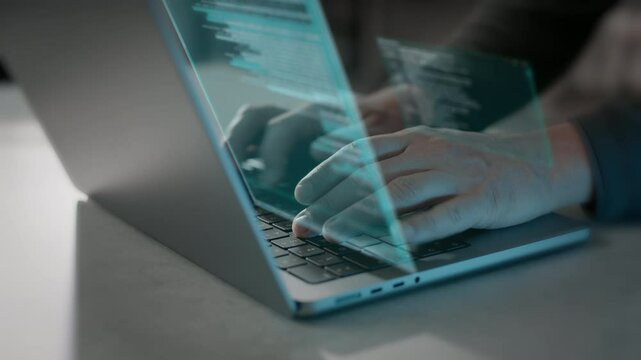 Hands typing on laptop with digital screen overlay