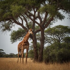 Giraffe Eating Leaves From a Tall Tree