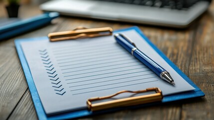 Close-up of a clipboard with a blue pen and checklist on a wooden table.