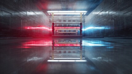 Obraz premium Abstract futuristic corridor with neon lights and reflection, science fiction concept. Perfect for technology, gaming, and modern design projects.