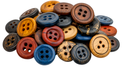 Wooden buttons in multiple colors and sizes isolated on white background