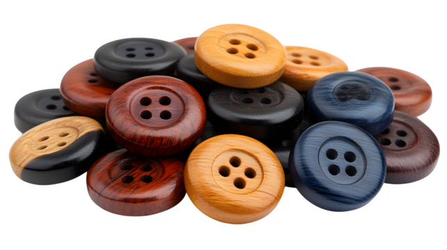 Wooden buttons in multiple colors and sizes isolated on white background
