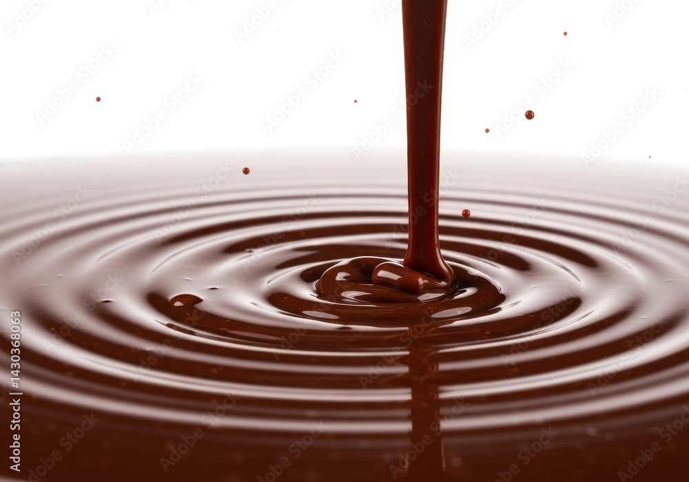 Poster chocolate being poured creating ripples in the liquid on a white background in a studio shot