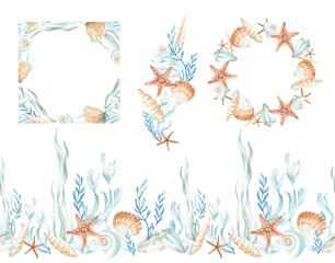 Sea set of illustrations with shells, starfish and seaweed. Isolated on white background elements hand drawn with watercolor. Wreath, frame, seamless border