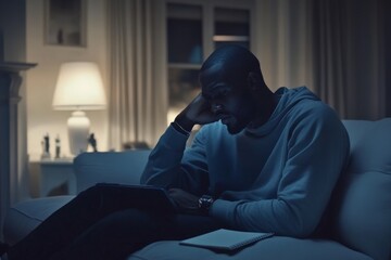 Obraz premium Seated on a sofa in an office is a frustrated young man and an African American psychiatrist