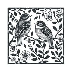 Vector linocut poster template with birds. Modern symmetry minimal style. Black and white colors. Botanical blockprint. Design for wallpaper, wall decor, print, postcard, cover, template.