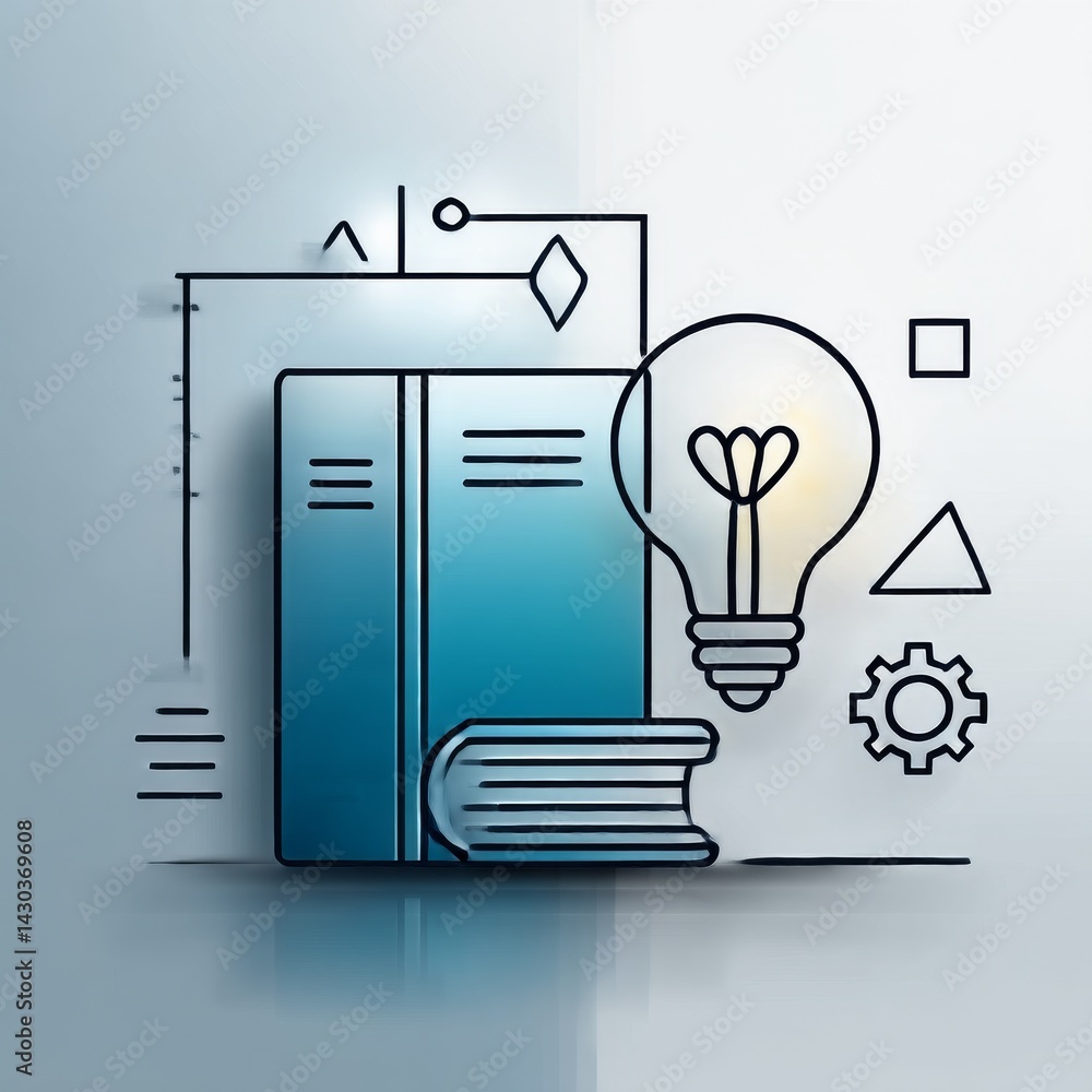 Poster conceptual knowledge: illustration of books, lightbulb, and abstract geometric shapes representing i