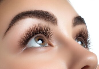 A stunning brunette woman with luscious lashes and pink lipstick has healthy skin isolated on a white background